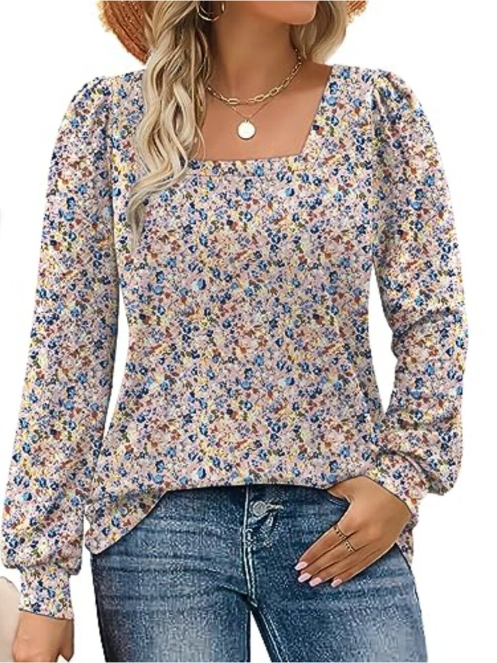 Womens Square Neck Puff Sleeve Eyelet Blouse Loose Tunic Top